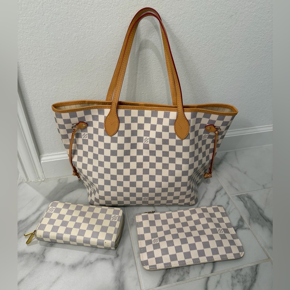 Louis Vuitton Damier Azur Neverfull MM Tote Purse Bag with wallet wristlet pouch